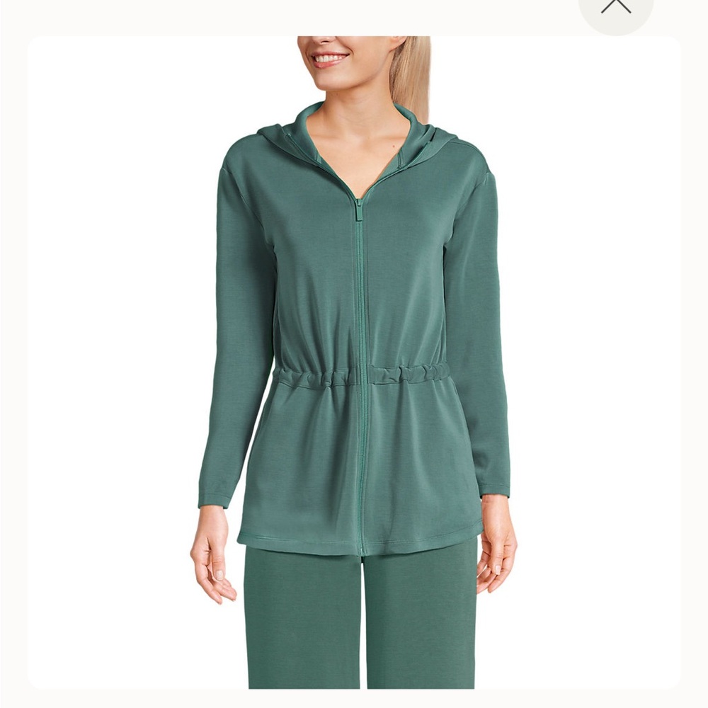 Lands' End Women's Cupro Long Sleeve Full Zip Tunic Hoodie‎ Tie Waist Green Sz L